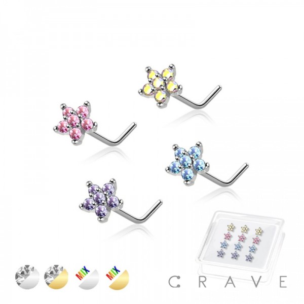 12PCS OF CZ PRONG FLOWER 316L SURGICAL STEEL L SHAPE NOSE BOX